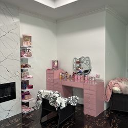 Pink Impressions Vanity Desk, Drawers, and Hello kitty LED mirror