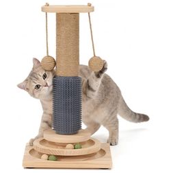 4-in-1 Solid Wood Cat Scratching Post with Self-Groomer, Medium Size Natural Sisal Scratcher with 2-Level Track Ball Toy, Interactive Cat Tree and Fur