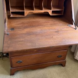 Antique Walnut Drop Front Secretary Desk With Key
