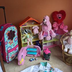 Toys. Doll Chair, Rolling Case, Beanies, LoL Coin Bank. Doll Houses