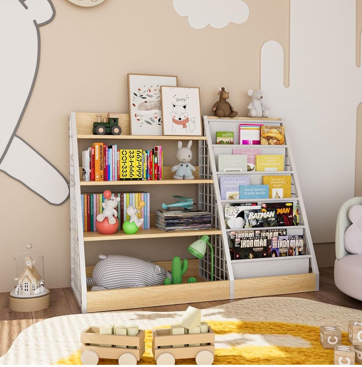 Kids Book Shelf,4 Tier Wooden Bookshelf,5 Layer Sling Children Bookcase,Toy Organizer Cabinet Chest,Book Display Shelf with Metal Frame, Nursery Playr
