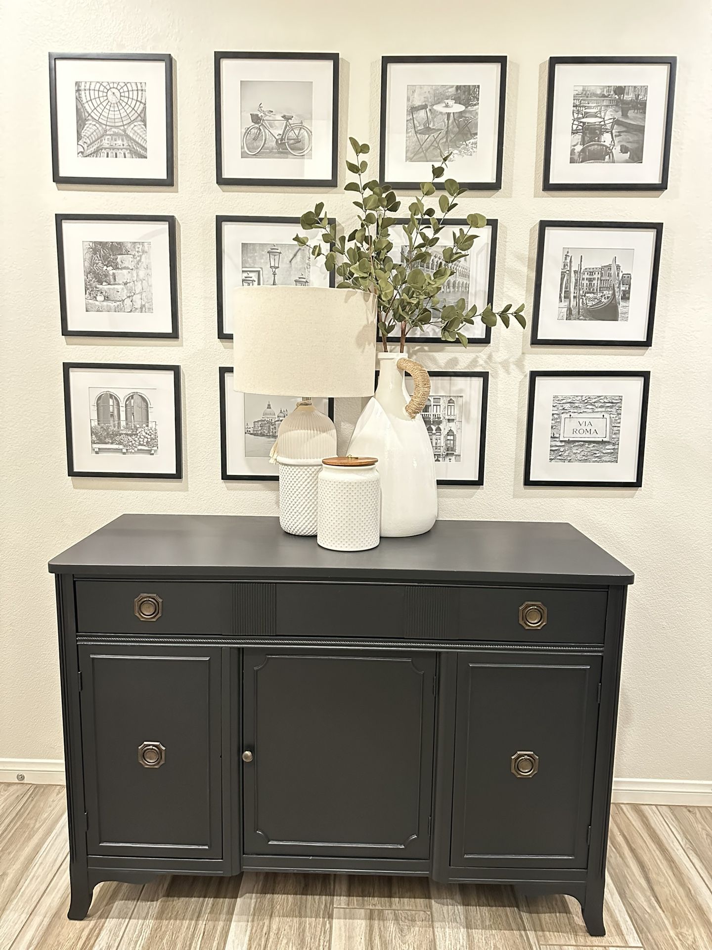 Beautiful Black Coffee Bar Buffett Table Cabinet Dresser With Floral Lining Inside 50 x19 x35