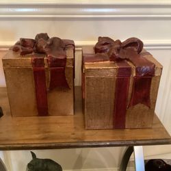 VERY STURDY Set of 2 decorative gift boxes with ribbon ( $15ea tags) 8” (perfect condition - SEE ALL PICS)
