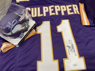 Vikings Daunte Culpepper Autographed Mini Helmet & Custom Jersey JSA Certified