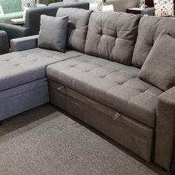 Brand New 88" x 61" Black Or GrayLinen Reversible Convertible Sectional With Pullout