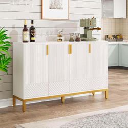 Kitchen Buffet Cabinet, 59” Buffet Sideboard Storage Cabinet with 4 Doors, Coffee Bar Console Table for Kitchen, Living Room, Entryway, White and Gold
