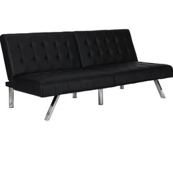 Futon Sofa  With Chrome Legs, Black Faux Leather