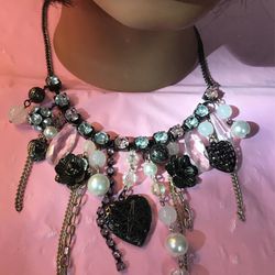 Victorian Style Dangle Lace Choker charm neclace Pink diamonds crystals stones Jewelry By INCING