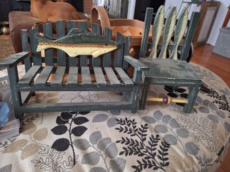 Miniature Wooden Bench and Chair Fishing Decor Set