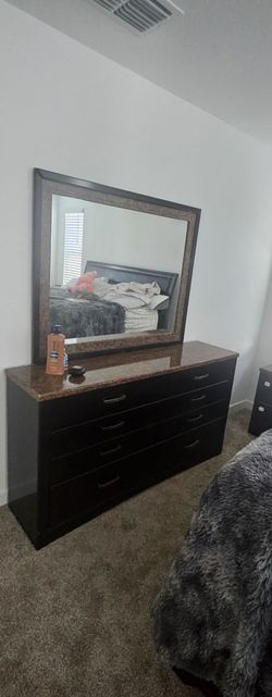 Bedframe +boxspring +night stands +dresser and mirror