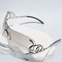Y2K Futuristic Shield Sunglasses Silver Snake Detail