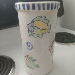 Hand Painted Vase by Caroline Forbis, 2003 Abstract Fish Pastels Wine Champagne Cannister Jar 