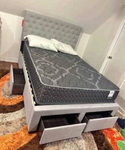 Gray Upholstered Storage Bed with Tufted Headboard