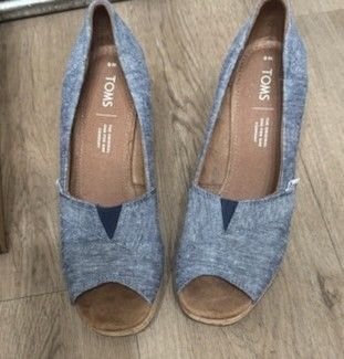 Toms Medium Blue Canvas Peep Toe Wedges