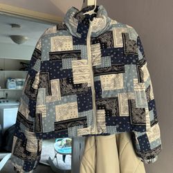 Blue Bandana Crop Puffer Jacket