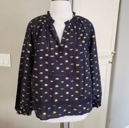 J. Crew Point Sur Navy Blue Ruffle Neck Long Sleeve Popover Blouse Top Women XS