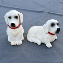 Dog Salt and Pepper Shakers Ceramic White Labrador Retriever Red Collar Vintage Puppy