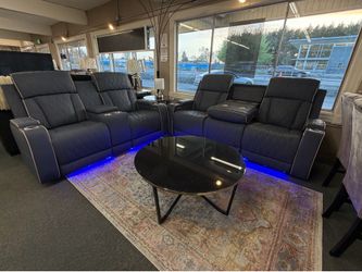 Blue Gray Power Reclining Sofa & Loveseat Set w/ LED Lights, USB-C & Wireless Charging