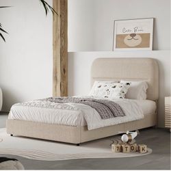 Twin Cloud Bed Frame,Beige Boucle Upholstered Platform Bed Low profile design with Adjustable Cloud Like Headboard, Rounded Corners, Solid Wood Slat S
