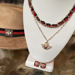 Pearls Honey Bee 🐝💚❤️ double chain short necklace, earrings and hat band BUNDLE OF 3 items