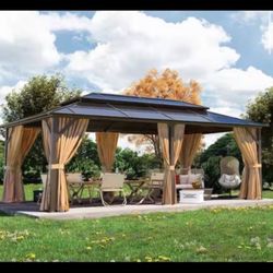 PARTY TIME! Relax and Cozy in Nice Gazebo 20 ft. x 12 ft. Outdoor Brown Polycarbonate Double Roof Gazebo with Curtains and Netting for Garden, Lawns, 