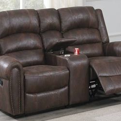 Brand New Manual Reclining Loveseat With Center Console And Cup Holders