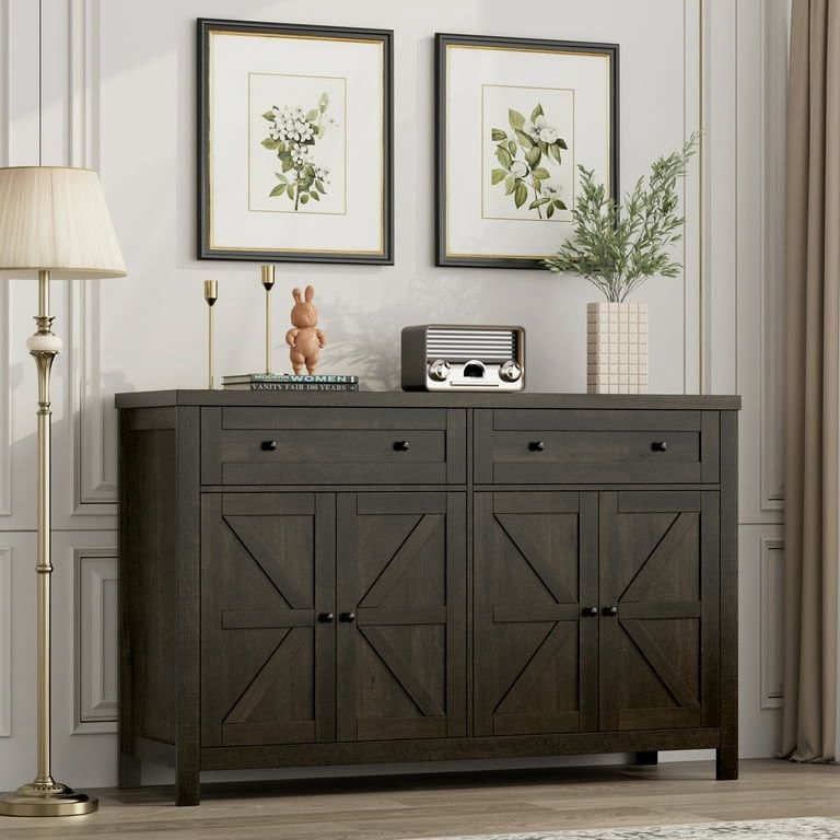 Farmhouse Cabinet with Adjustable Shelf, 4-Doors 2-Drawers Kitchen Buffet Cabinet Wood Sideboard for Dining Room Living Room, Dark Brown