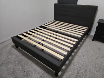 Stylish Queen Bed Frame with Tufted Headboard Dark Gray