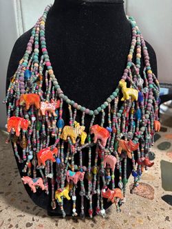 Multistrand Beaded Necklace with Painted Animal Figures