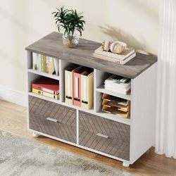 Atencio 2-Drawer Gray and White Wood 39.37 in. W Lateral Mobile File Cabinet with Open Storage Shelves and Casters