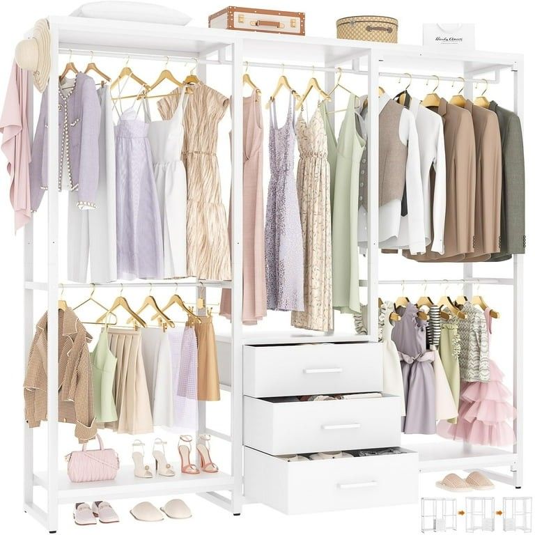 Homieasy Garment Rack Heavy Duty Clothes Rack for Hanging Clothes, Wood Clothing Rack with 3 Drawers Freestanding Closet Wardrobe, Multi-Functional Co