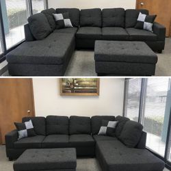 Charcoal Linen Sectional Couch And Ottoman 