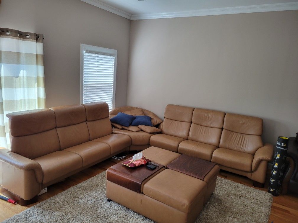 EKORNES STRESSLESS SECTIONAL BROWN LEATHER COUCH L SHAPED