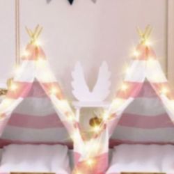 2 Set Kids Teepee Tent Bulk with Light String,Inflatable Airbed,Bedding Fitted Sheet,Natural Cotton Toddler Play Tent Washable Foldable for Girls Boys