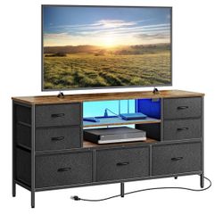 Huuger TV Stand Dresser with Power Outlets and LED Lights, 7 Drawers, 47 Inch Console, Rustic Brown and Black