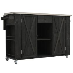 Outdoor Kitchen Island Fir Wood with Stainless Steel Top, Ample Storage, Towel & Spice Racks, Bottle Opener, Black
