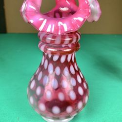 Vintage Fenton Art Glass Cranberry Pink Opalescent Coin Dot Fluted Ruffled 6.5”t