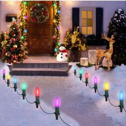 45Ft C9 Led Christmas Pathway Lights Outdoor, 30 Multicolor Bulbs Waterproof Connectable Christmas Walkway Lights with Stakes for Yard Lawn Sidewalk D