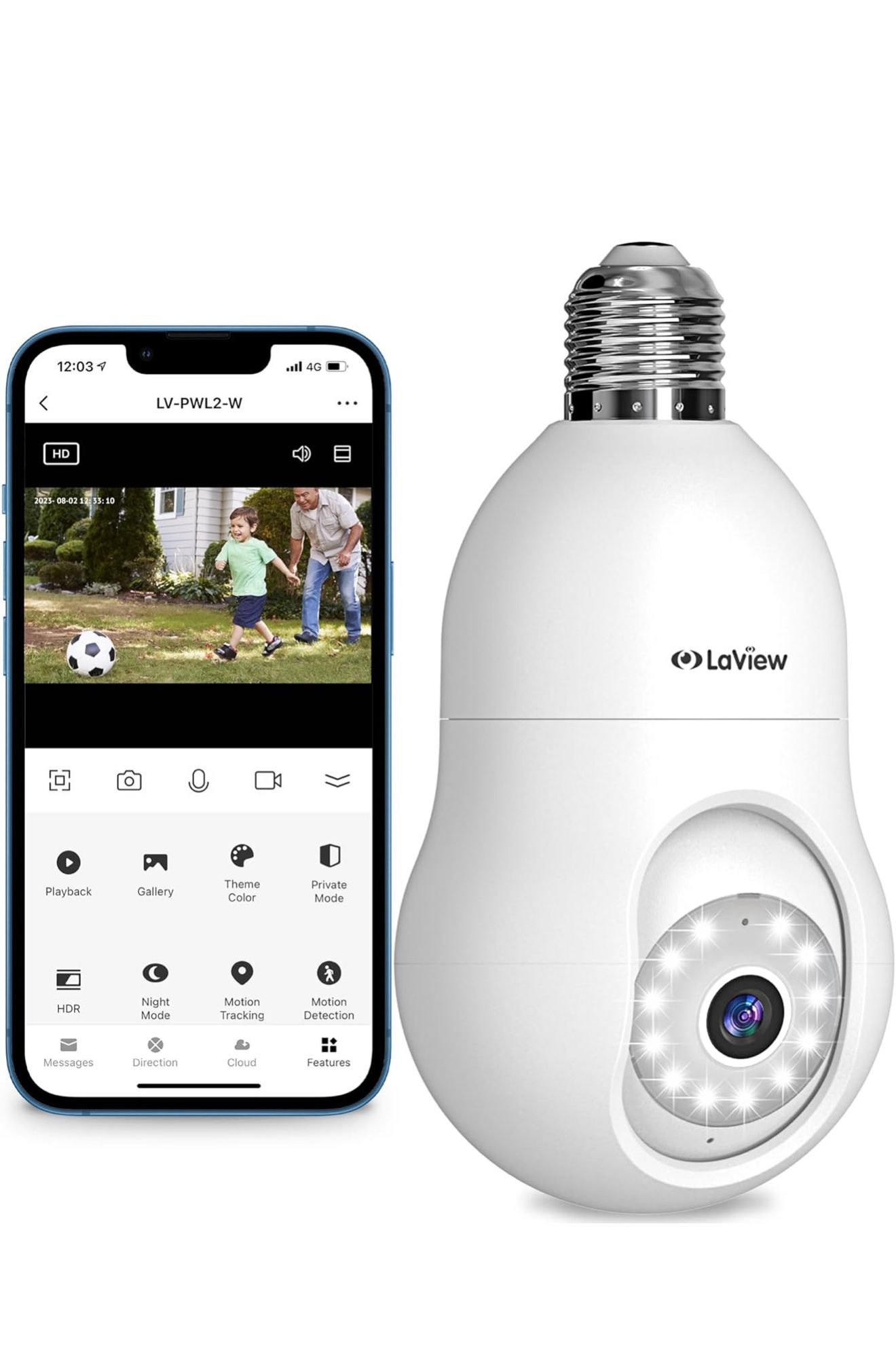 LaView 4MP Bulb Security Camera 2.4GHz,360° 2K Security Cameras Wireless Outdoor Indoor Full Color Day and Night, Motion Detection, Audible Alarm, Eas