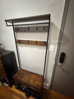 Entryway coat rack with shoe bench and fabric drawers