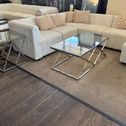 2 Pcs Set (Rec. Stainless Steel Base , Glass Top Coffee Table & End Table)