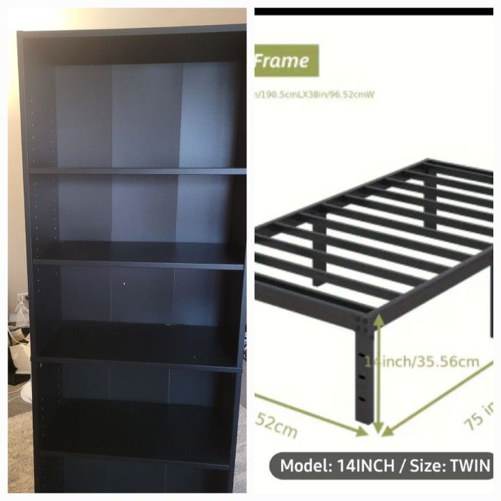 Book Shelf And Twin Bed Metal Frame Set.