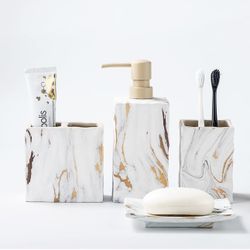 Bathroom Accessories Set 4 Pcs Marble Look Sets Toothbrush Holder Soap Dispenser Counter Top Ceramic