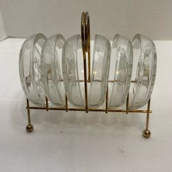 Vintage Glass Coasters With Metal Caddy