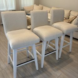 White Boucle Fabric Wood Stools Set Of 3 