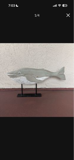 One New Heavy Large Solid Wood and Metal Whale Sculpture 24” x 13”