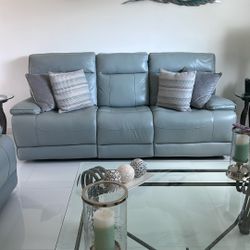  Full Leather Sofa/ Recliner On Each End / Grey Teal