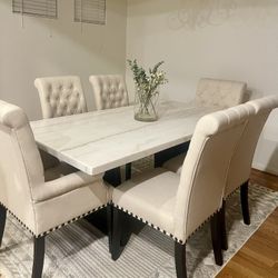 Marble Dining Table With Beige Chairs - Espresso Modern Base