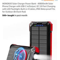 WONGKUO Solar Charger Power Bank - 49800mAh Solar Phone Charger with USB-C in/Output, QC 3.0 Fast Charging with LED Flashlight, Built-in 4 Cables, IP6