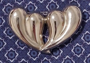 Vtg Puffy Heart Brooch Pin Large Statement  2.5" Silver Tone Modernist Two Hearts